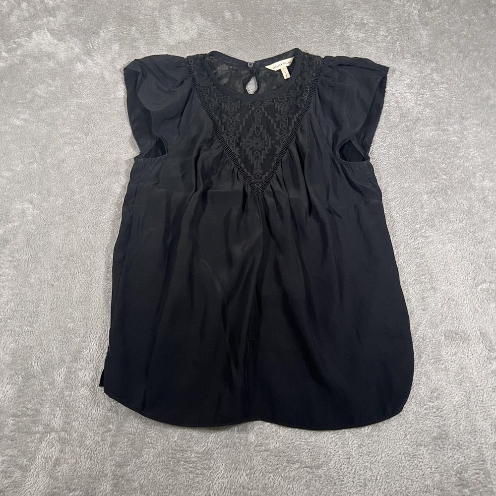 Rebecca Taylor Blouse Womens 0 Black Cap Sleeve Embroidered Sheer Panel Top
